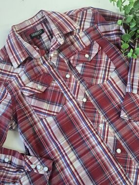 K I D S:: Boys Red Plaid Cowboy Button Down Long Sleeve